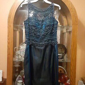 Vintage Alyce Designs Beaded Maxi Dress Embellished Formal Blue Satin Gown Sz 16